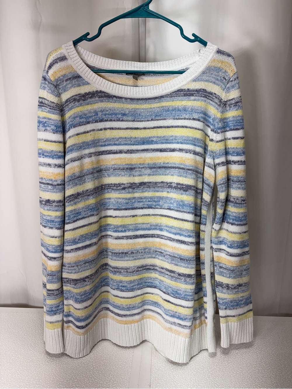 Talbots Scoopneck Striped Knit Sweater in White, Blue & Yellow 4247
